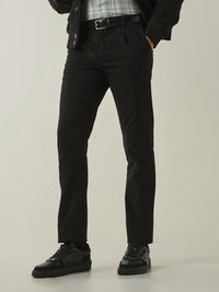 Men's Solid Pure Cotton Solid Regular Fit Casual Trousers - Black