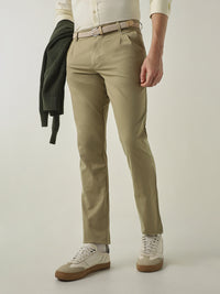 Men's Solid Pure Cotton Solid Regular Fit Casual Trousers - Olive