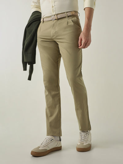 Men's Solid Pure Cotton Solid Regular Fit Casual Trousers - Olive