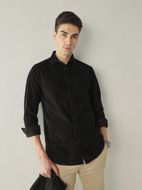 Men's Pure Cotton Corduroy Solid Slim Fit Full Sleeve Formal Shirt - Black