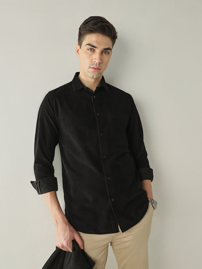 Men's Pure Cotton Corduroy Solid Slim Fit Full Sleeve Formal Shirt - Black