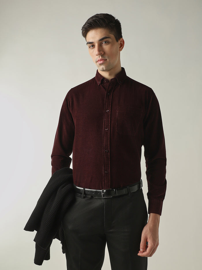 Men's Pure Cotton Corduroy Solid Slim Fit Full Sleeve Formal Shirt - Maroon