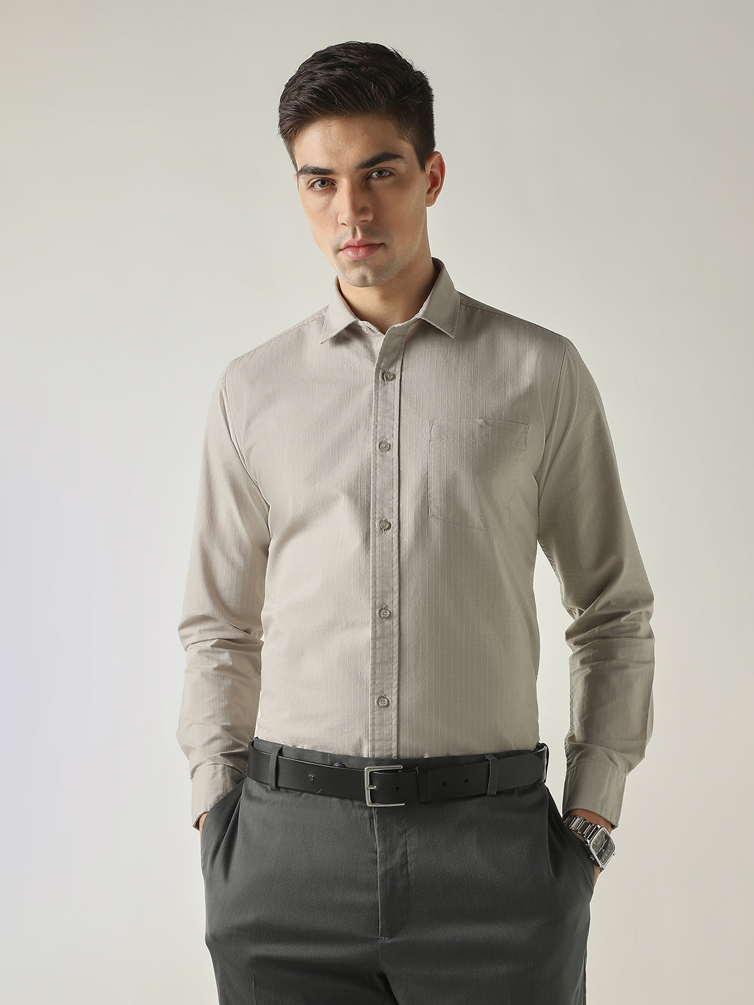 Men's Cotton Lycra Dobby Solid Slim Fit Full Sleeve Formal Shirt - Grey