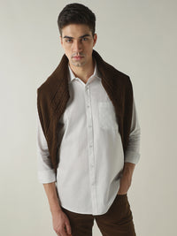 Men's Pure Cotton Herringbone Solid Slim Fit Full Sleeve Casual Shirt - White