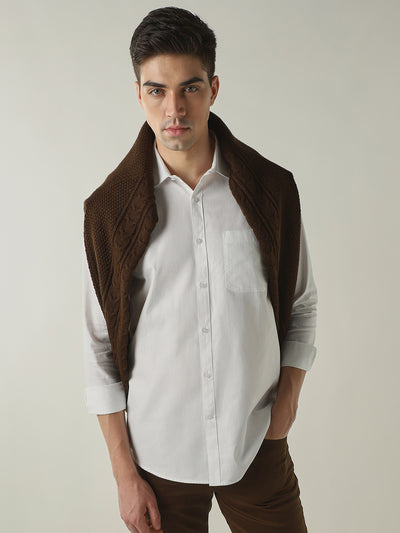 Men's Pure Cotton Herringbone Solid Slim Fit Full Sleeve Casual Shirt - White