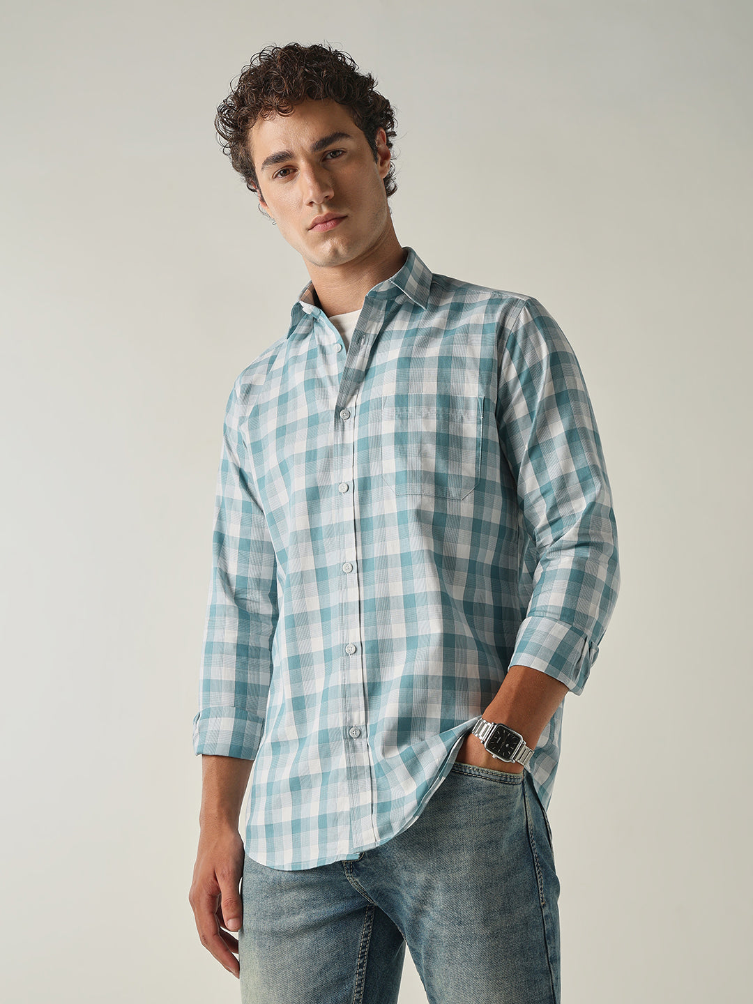 Men's Pure Cotton Checks Slim Fit Full Sleeve Casual Shirt - Green