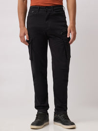 Men's Solid Cotton Stretch Regular Fit Casual Trousers - Black