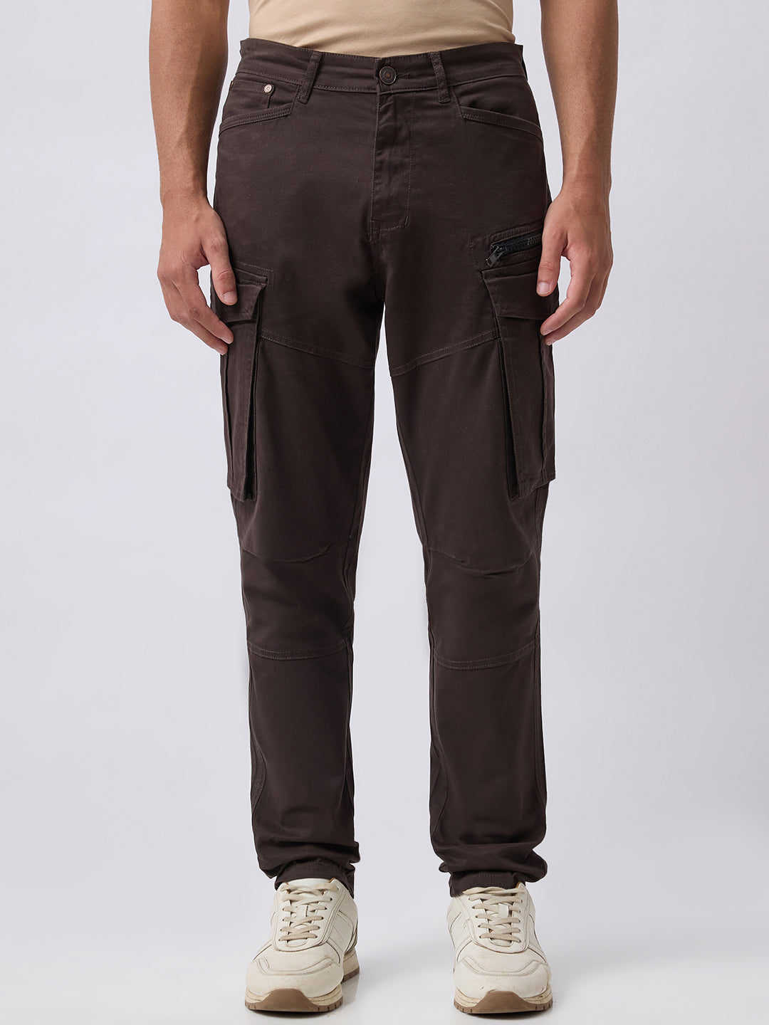 Men's Solid Cotton Stretch Regular Fit Casual Trousers - Brown