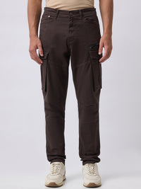 Men's Solid Cotton Stretch Regular Fit Casual Trousers - Brown