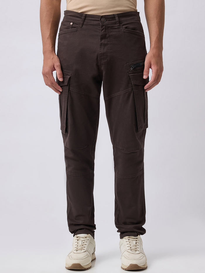Men's Solid Cotton Stretch Regular Fit Casual Trousers - Brown