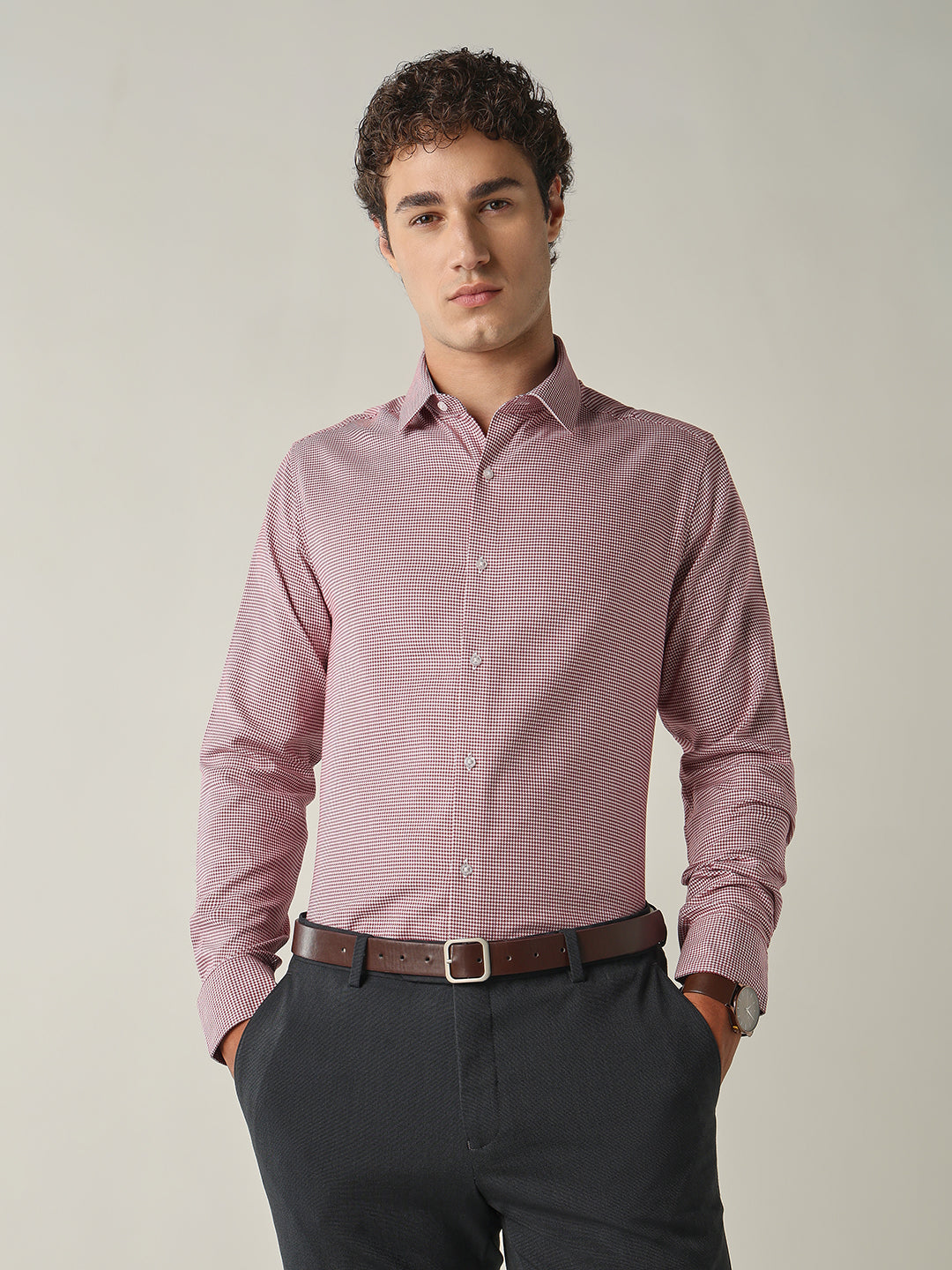 Men's Pure Cotton Dobby Solid Slim Fit Full Sleeve Formal Shirt - Red