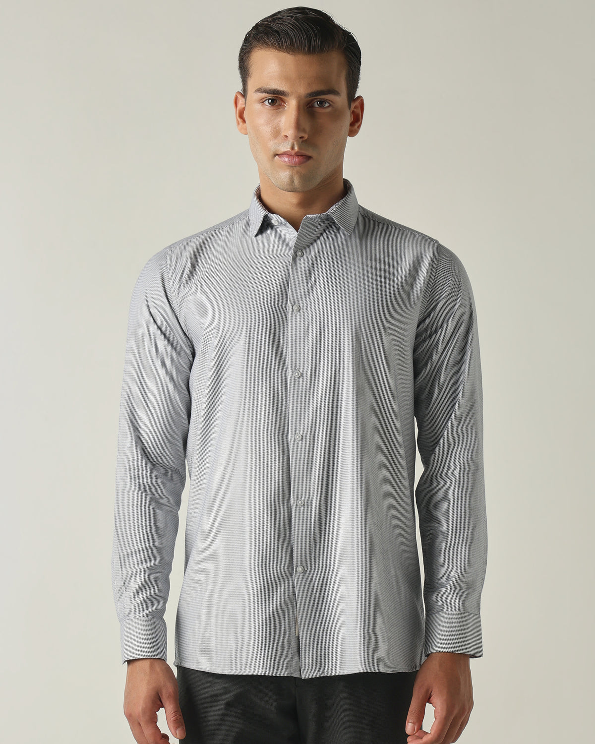 Men's Pure Cotton Dobby Stripes Slim Fit Full Sleeve Formal Shirt - Grey