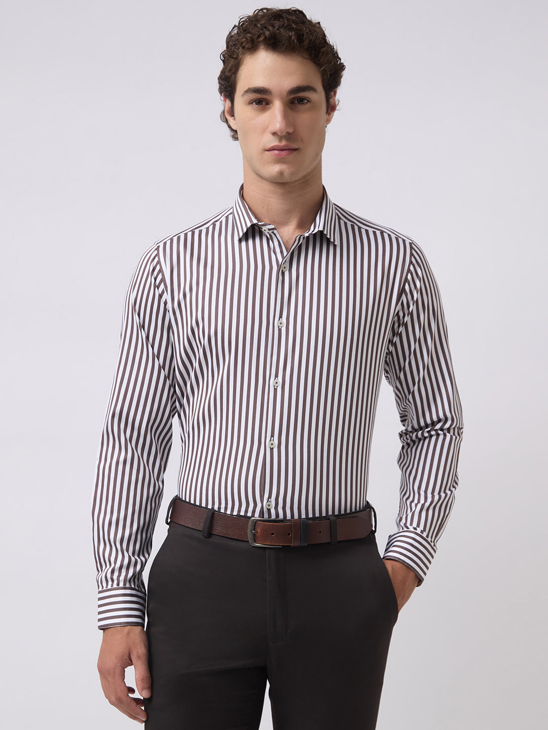 Men's Pure Cotton Satin Stripes Slim Fit Full Sleeve Formal Shirt - Brown
