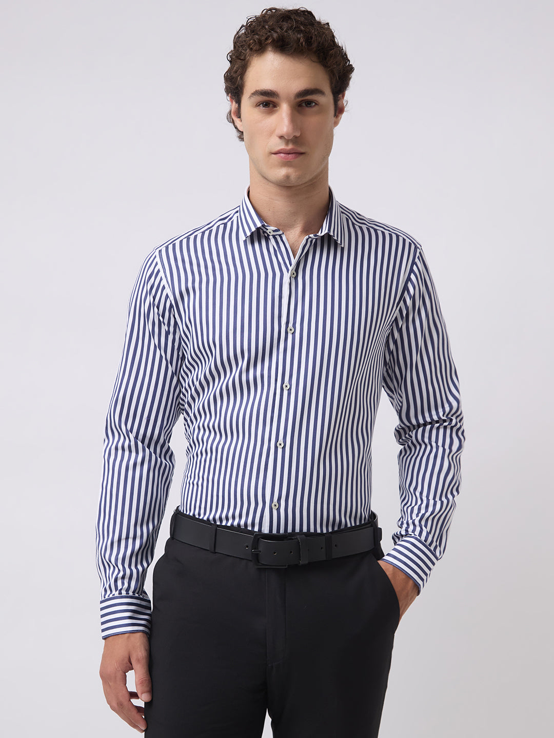 Men's Pure Cotton Stripes Slim Fit Full Sleeve Formal Shirt - Navy