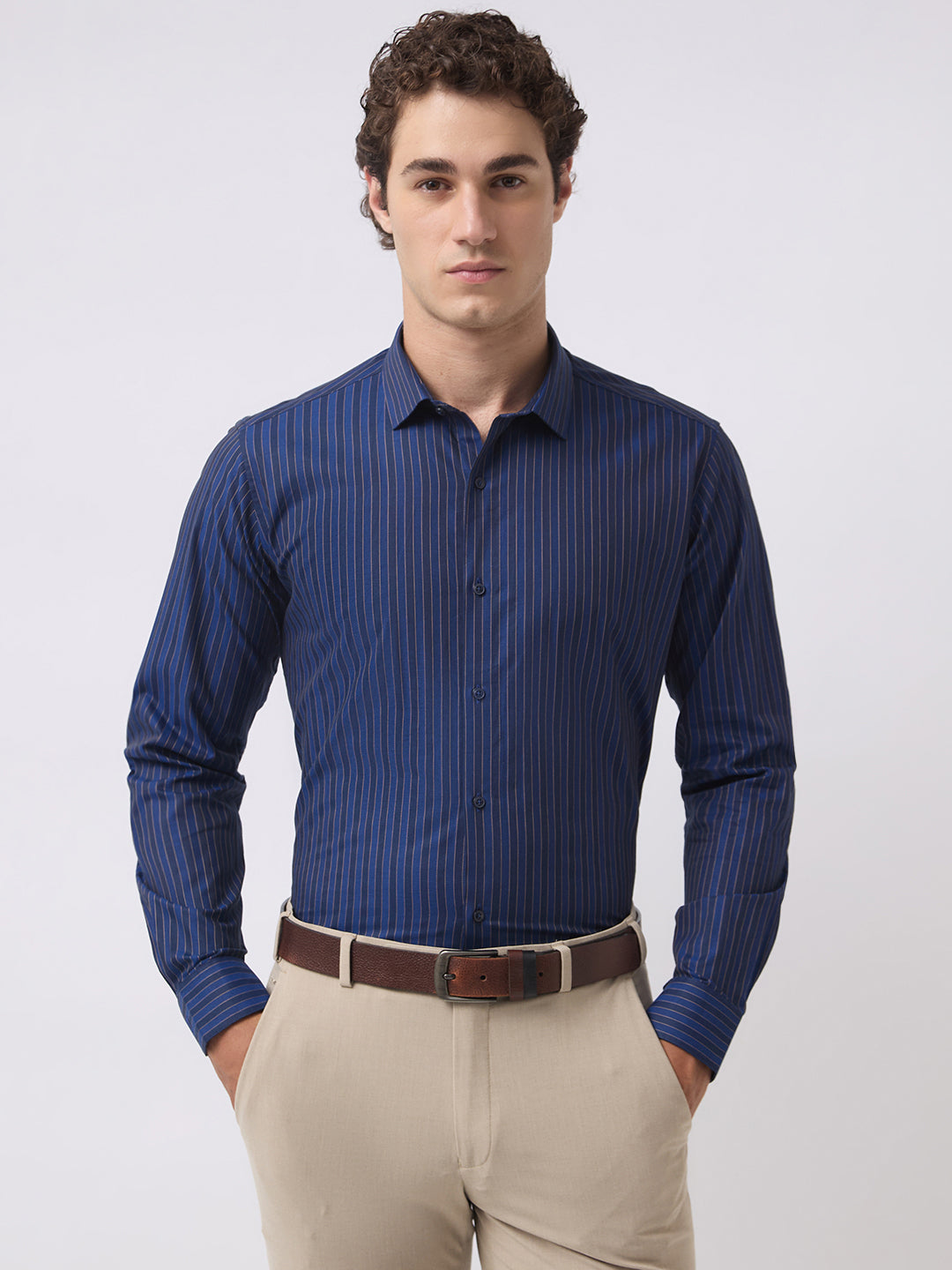 Men's Pure Cotton Stripes Slim Fit Full Sleeve Formal Shirt - Navy