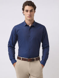 Men's Pure Cotton Stripes Slim Fit Full Sleeve Formal Shirt - Navy