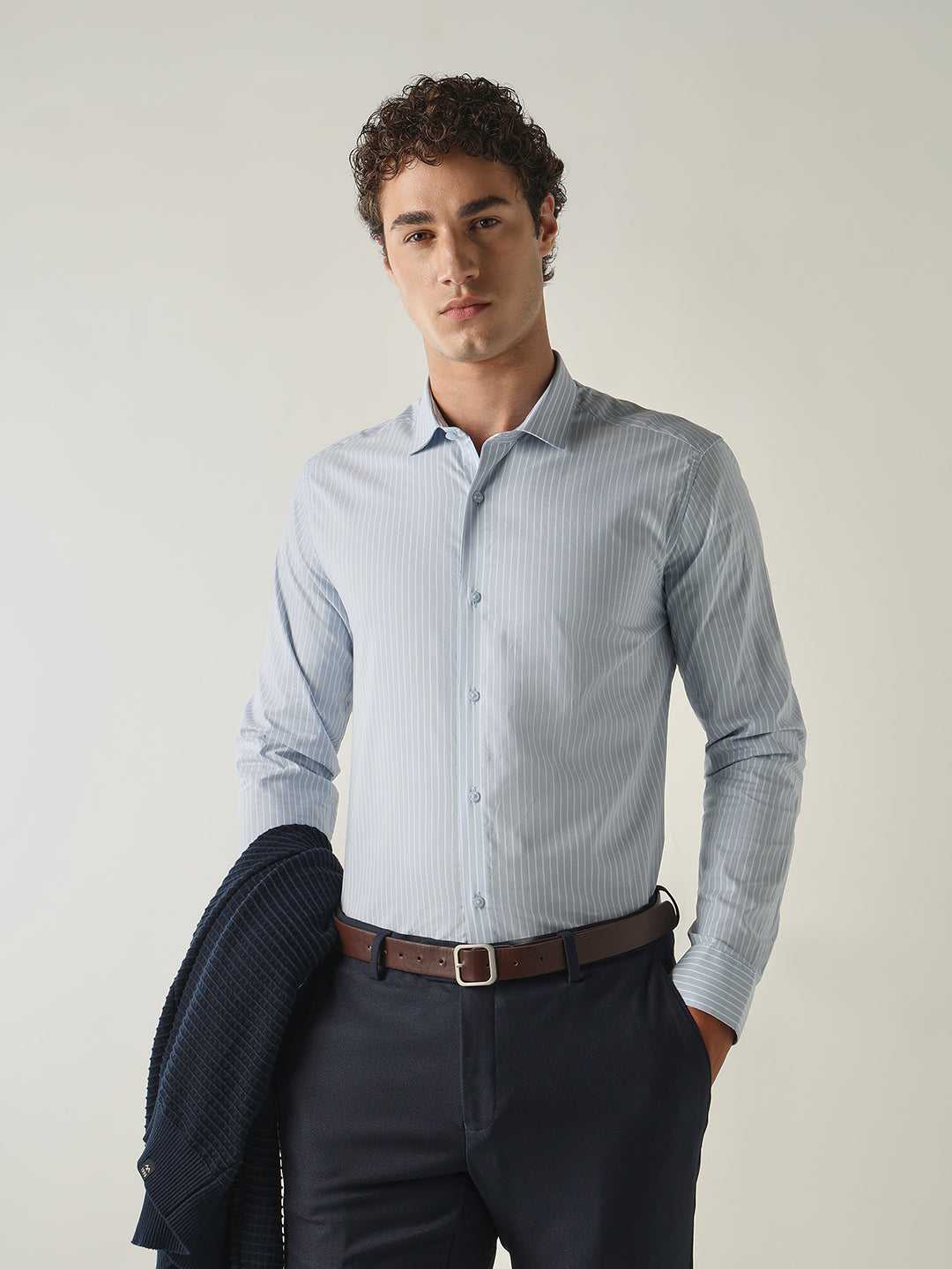 Men's Pure Cotton Stripes Slim Fit Full Sleeve Formal Shirt - Blue
