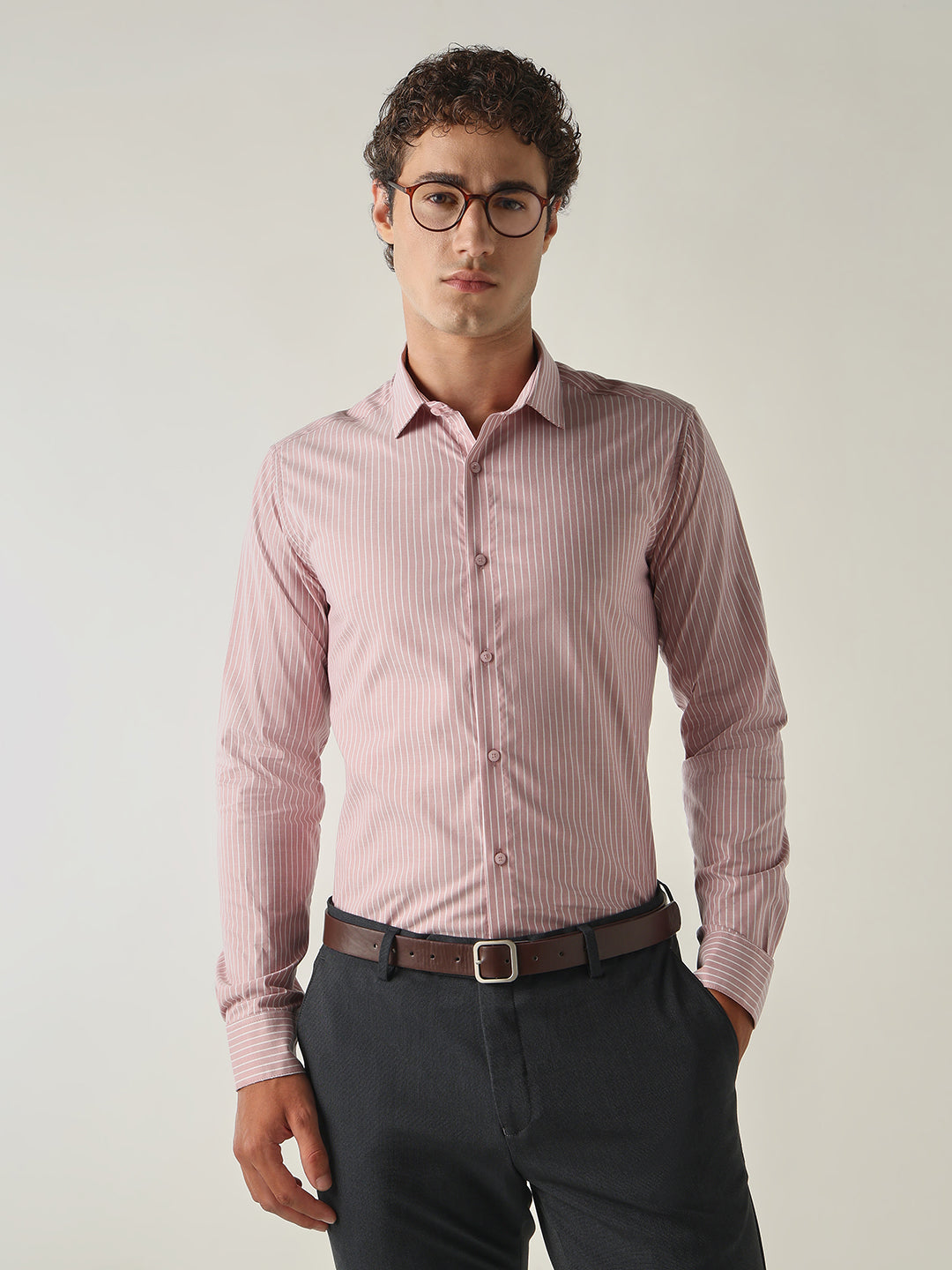 Men's Pure Cotton Stripes Slim Fit Full Sleeve Formal Shirt - Pink