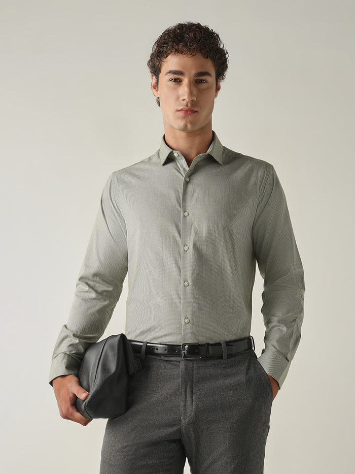 Men's Pure Cotton Houndstooth Checks Slim Fit Full Sleeve Formal Shirt - Olive