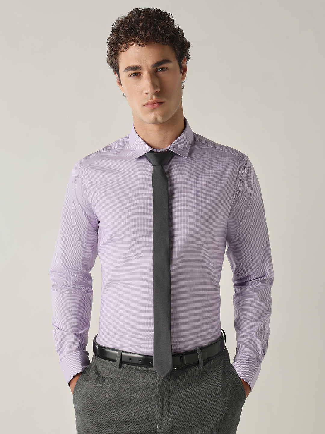 Men's Pure Cotton Houndstooth Checks Slim Fit Full Sleeve Formal Shirt - Pink