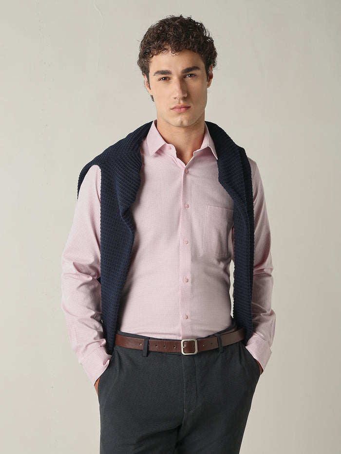 Men's Pure Cotton Dobby Solid Slim Fit Full Sleeve Formal Shirt - Pink