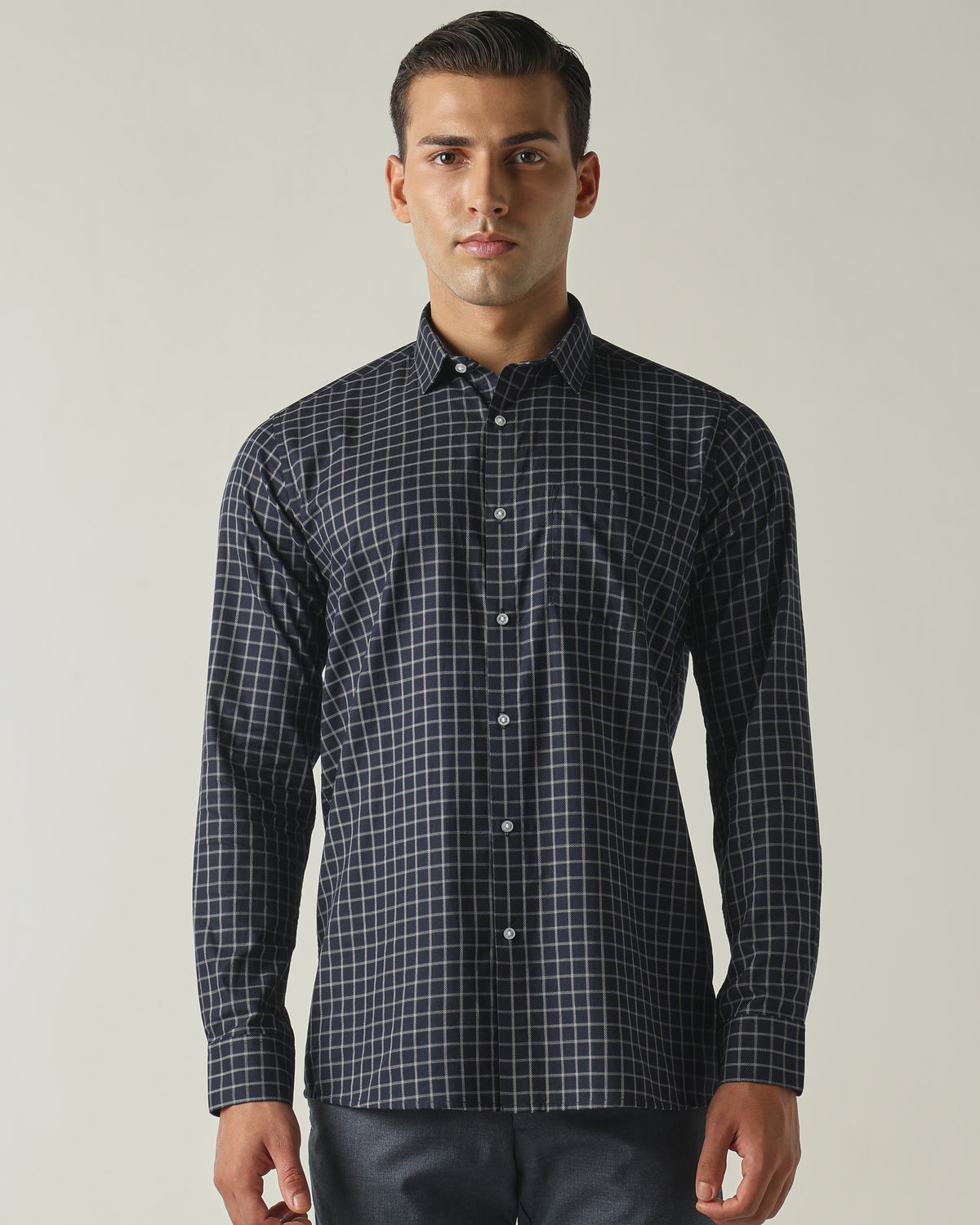 Men's Pure Cotton Checks Slim Fit Full Sleeve Formal Shirt - Blue