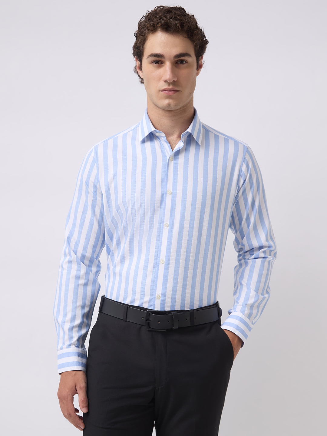Men's Pure Cotton Dobby Stripes Slim Fit Full Sleeve Formal Shirt - Sky Blue