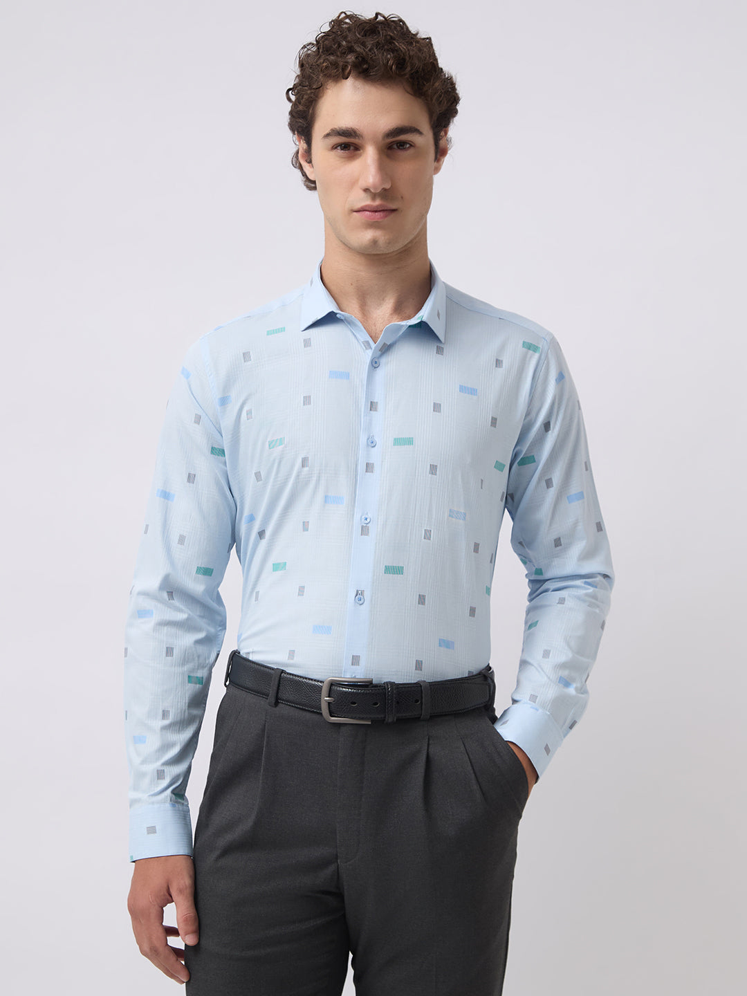 Men's Pure Cotton Dobby Solid Slim Fit Full Sleeve Formal Shirt - Sky Blue