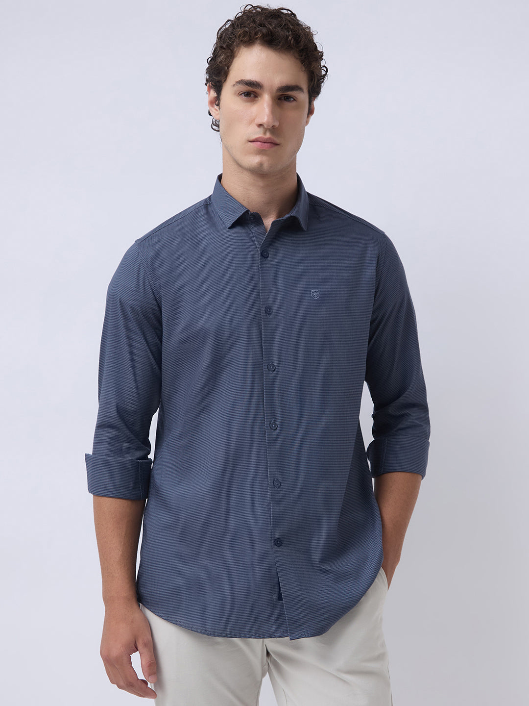 Men's Pure Cotton Dobby Solid Slim Fit Full Sleeve Casual Shirt - Navy