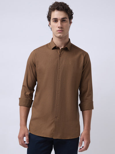 Men's Pure Cotton Dobby Solid Slim Fit Full Sleeve Casual Shirt - Orange