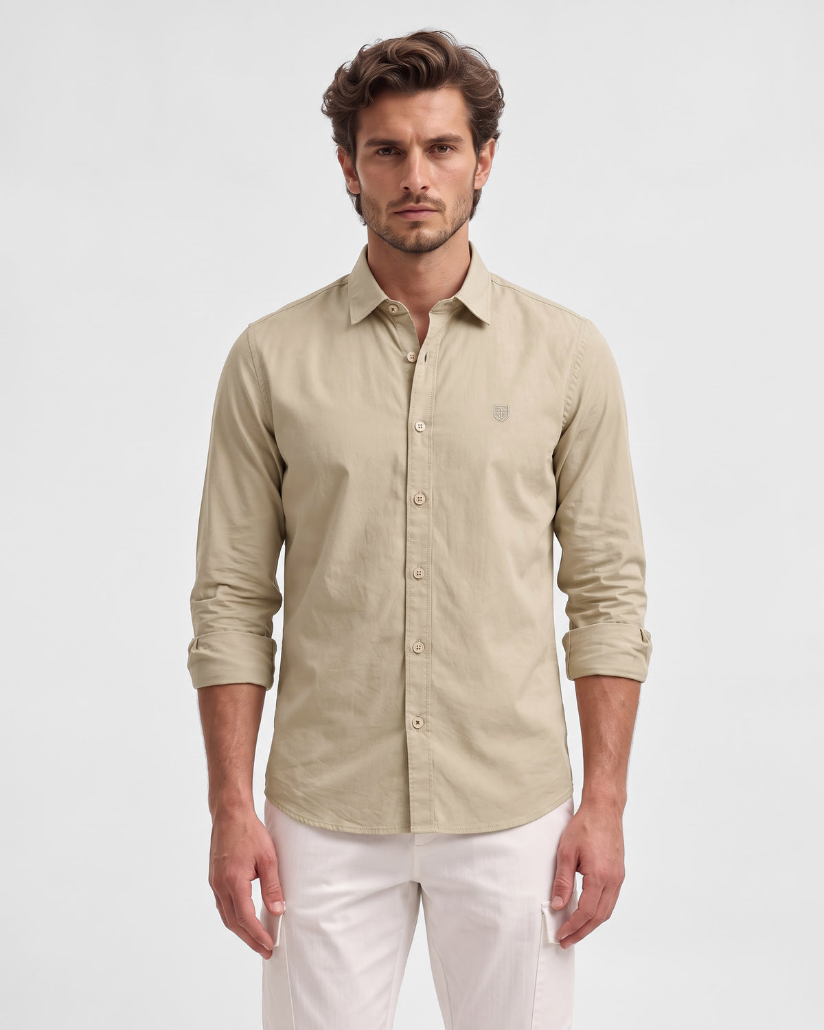 Men's Pure Cotton Solid Slim Fit Full Sleeve Casual Shirt - Khaki