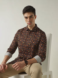 Men's Pure Cotton Printed Slim Fit Full Sleeve Casual Shirt - Brown