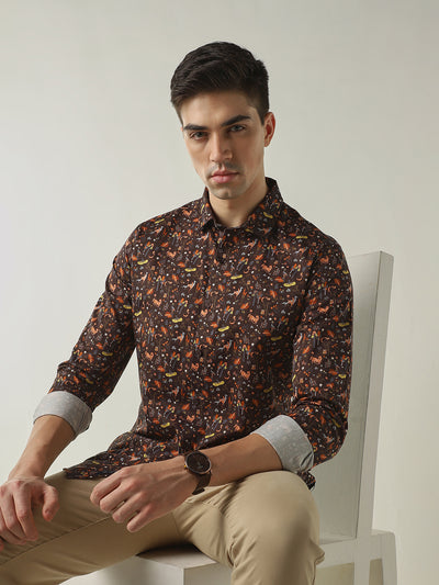 Men's Pure Cotton Printed Slim Fit Full Sleeve Casual Shirt - Brown