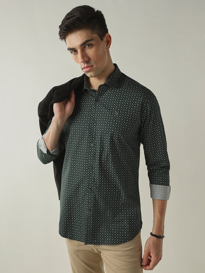 Men's Pure Cotton Printed Slim Fit Full Sleeve Casual Shirt - Green