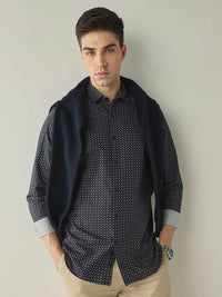Men's Pure Cotton Printed Slim Fit Full Sleeve Casual Shirt - Navy