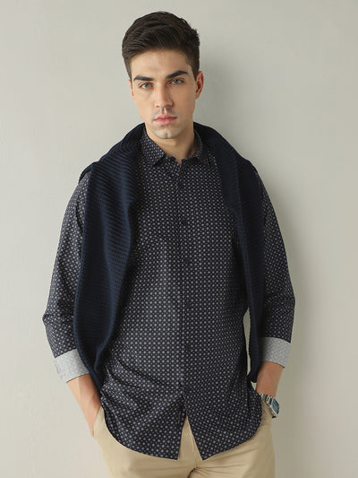 Men's Pure Cotton Printed Slim Fit Full Sleeve Casual Shirt - Navy
