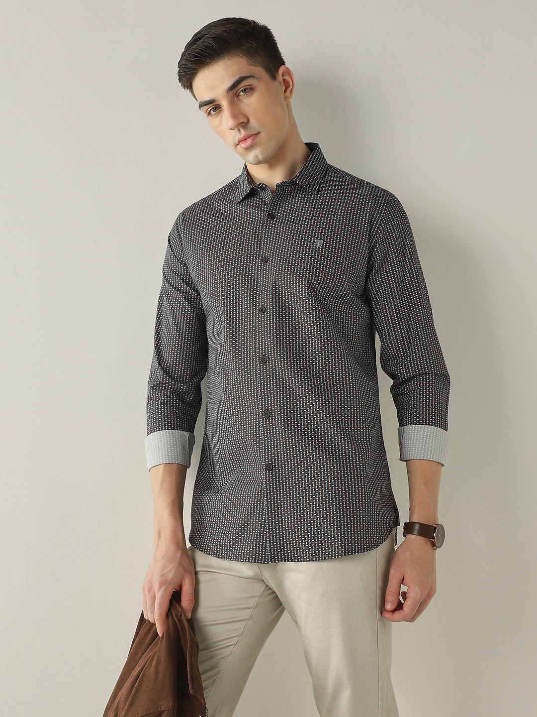 Men's Pure Cotton Printed Slim Fit Full Sleeve Casual Shirt - Brown