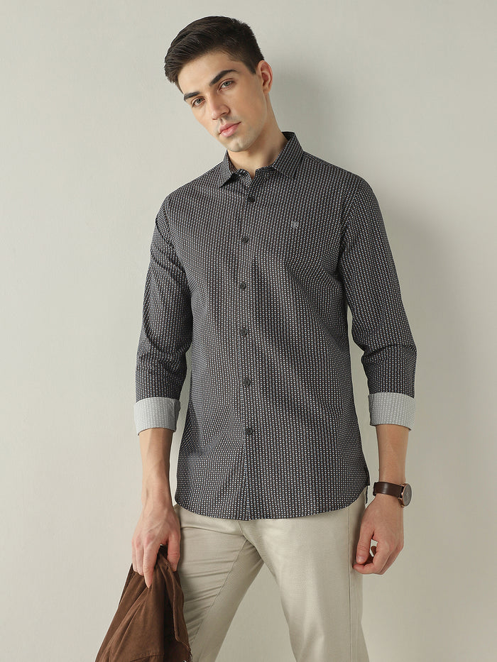 Men's Pure Cotton Printed Slim Fit Full Sleeve Casual Shirt - Brown