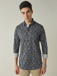 Men's Pure Cotton Printed Slim Fit Full Sleeve Casual Shirt - Blue