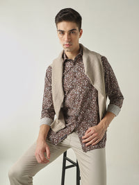Men's Pure Cotton Printed Slim Fit Full Sleeve Casual Shirt - Brown