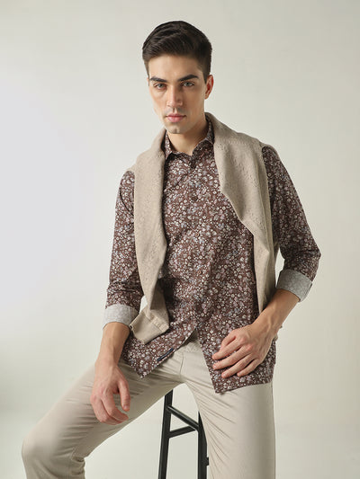 Men's Pure Cotton Printed Slim Fit Full Sleeve Casual Shirt - Brown