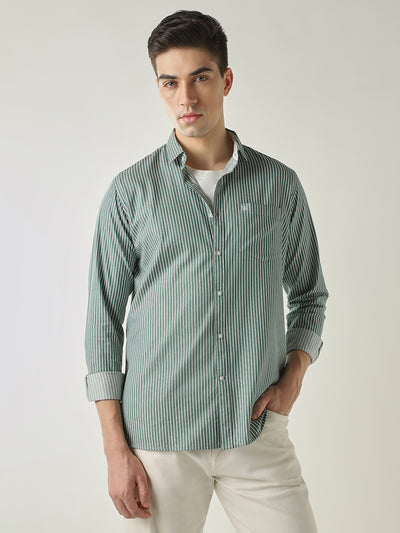 Men's Pure Cotton Stripes Regular Fit Full Sleeve Casual Shirt - Green