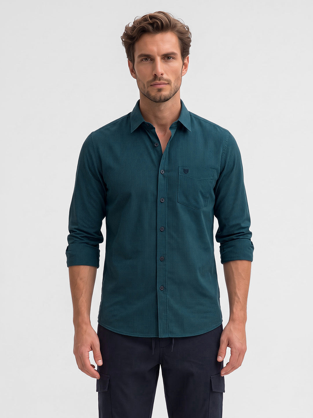 Men's Pure Cotton Checks Regular Fit Full Sleeve Casual Shirt - Blue