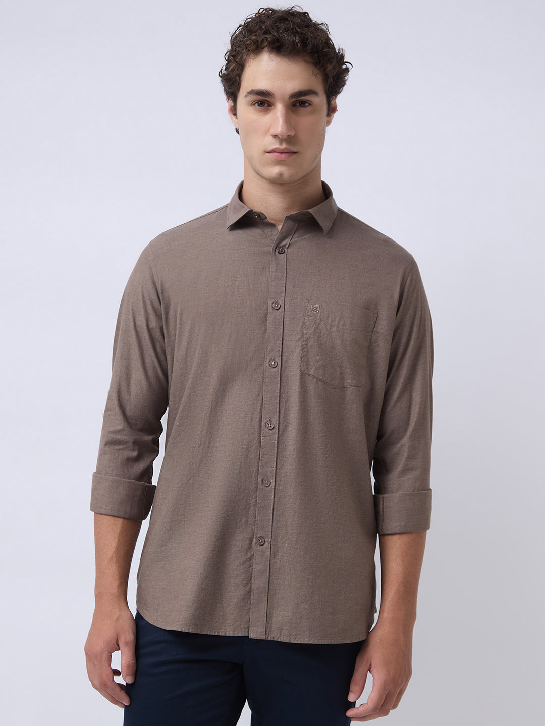 Men's Pure Cotton Melange Solid Regular Fit Full Sleeve Casual Shirt - Brown