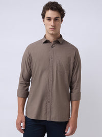 Men's Pure Cotton Melange Solid Regular Fit Full Sleeve Casual Shirt - Brown