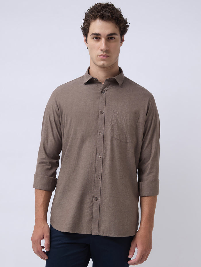 Men's Pure Cotton Melange Solid Regular Fit Full Sleeve Casual Shirt - Brown