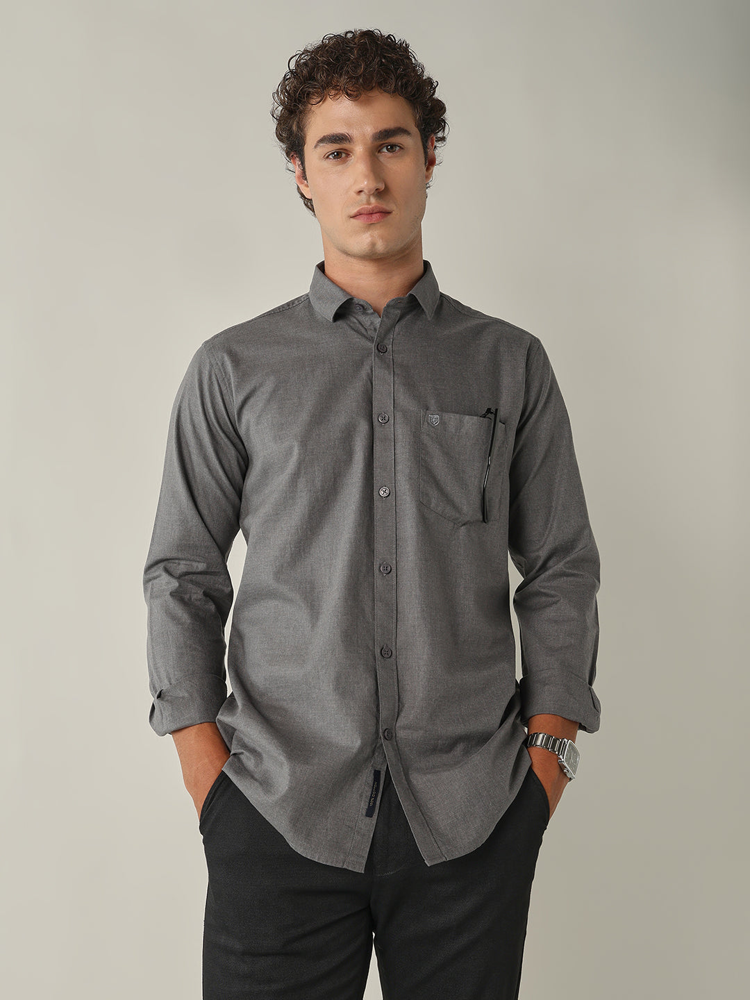 Men's Pure Cotton Melange Solid Regular Fit Full Sleeve Casual Shirt - Grey