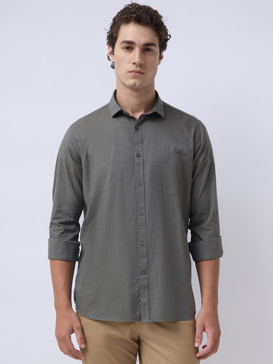 Men's Pure Cotton Melange Solid Regular Fit Full Sleeve Casual Shirt - Olive