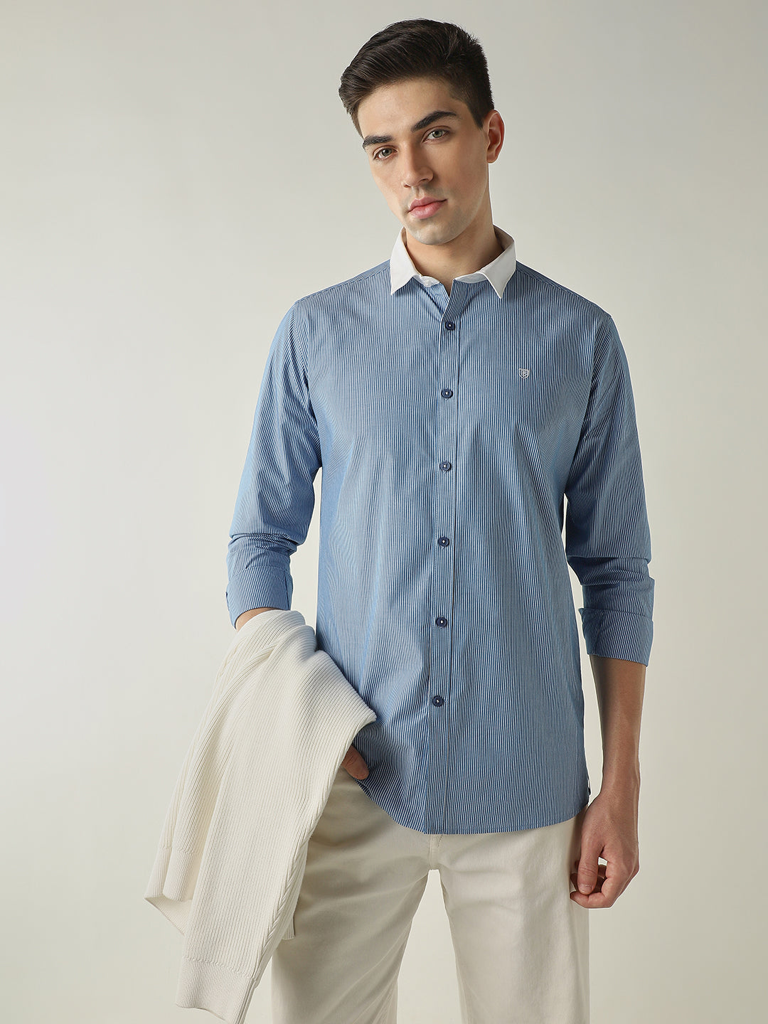 Men's Pure Cotton Stripes Slim Fit Full Sleeve Casual Shirt - Blue