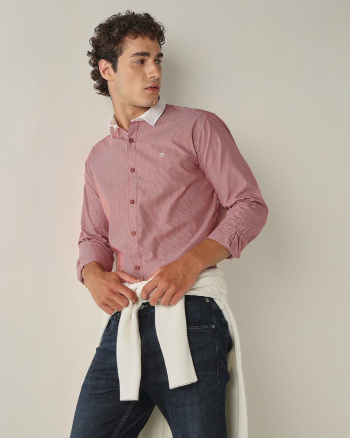 Men's Pure Cotton Stripes Slim Fit Full Sleeve Casual Shirt - Red